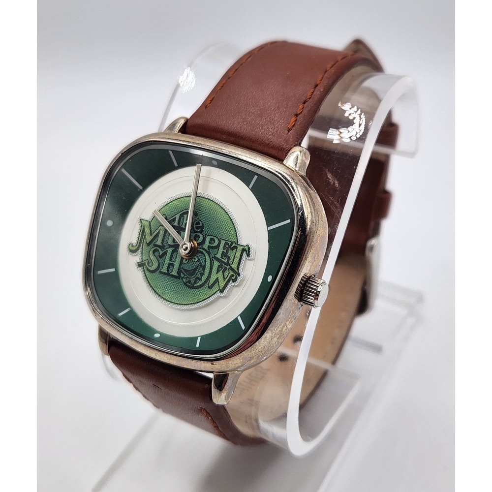 RARE 2005 The Muppet Show Rotating Logo Disc Watch Unisex Brown Leather Band